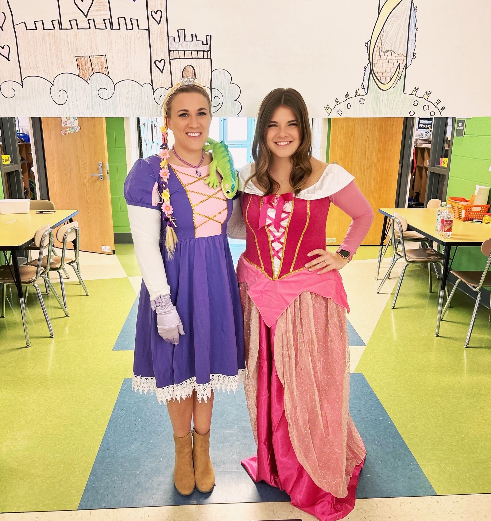 Mrs. Snarski and Mrs. Will dress up for Fairy Tale day in 1st grade