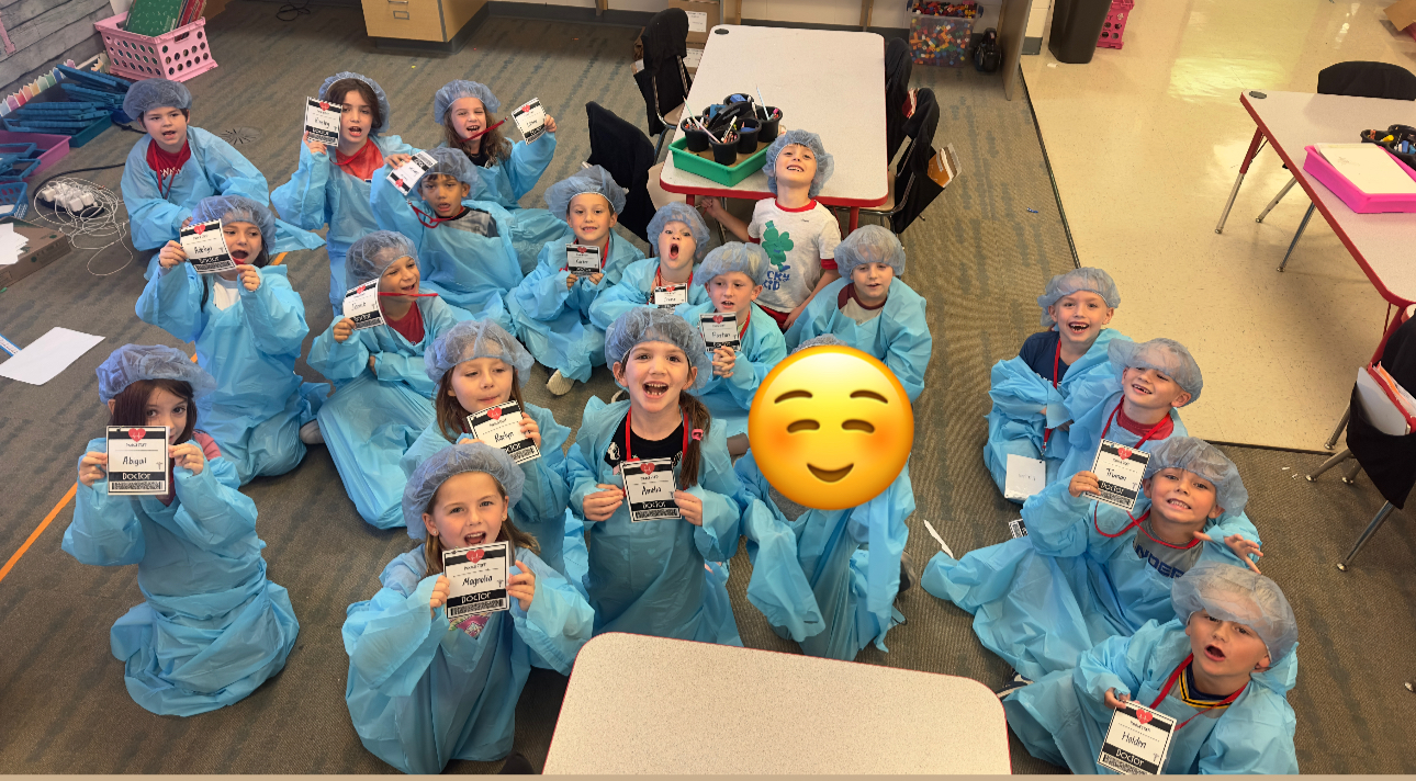 Every 1st grade student had the opportunity to showcase their learning about the human body during culminating activities week.  Mrs. Snarski’s class is playing their part as future physicians!