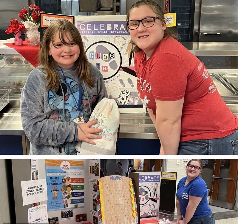 Angela Ritter from Food & Nutrition presents the school breakfast prize bag to Bristol Fox at the Health Fair on 2/20/2025.